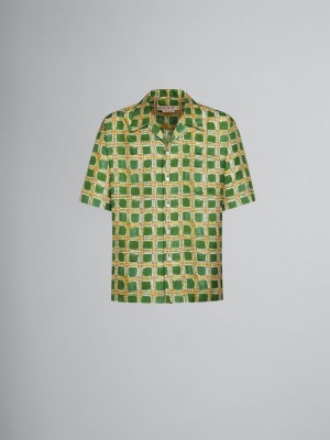 Marni Silk Twill Shirt With Check Fields Print Verdes | MXJVR11899