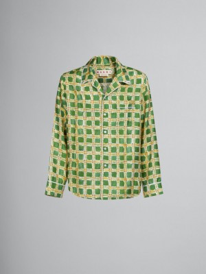 Marni Silk Twill Shirt With Check Fields Print Verdes | YMXGT58520