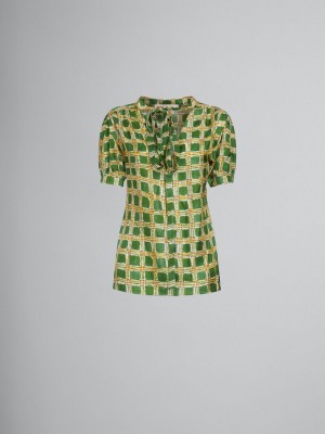 Marni Silk Twill Top With Check Fields Print Verdes | MXNZX75540