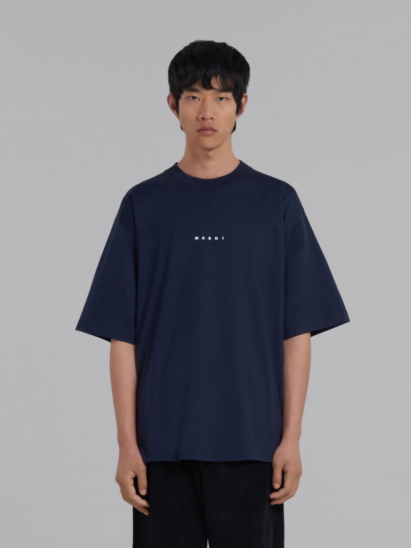 Marni Bio Algodon T-shirt With Logo Azules Oscuro | XMXGW51272