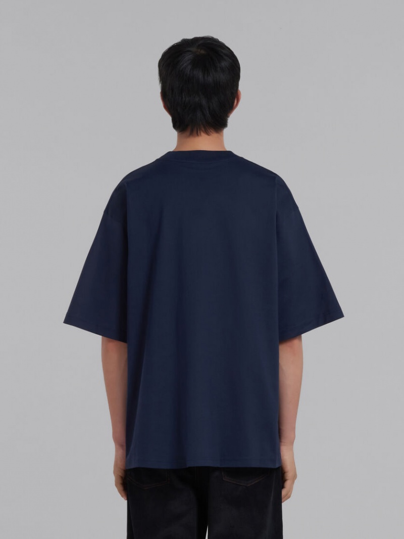 Marni Bio Algodon T-shirt With Logo Azules Oscuro | XMXGW51272