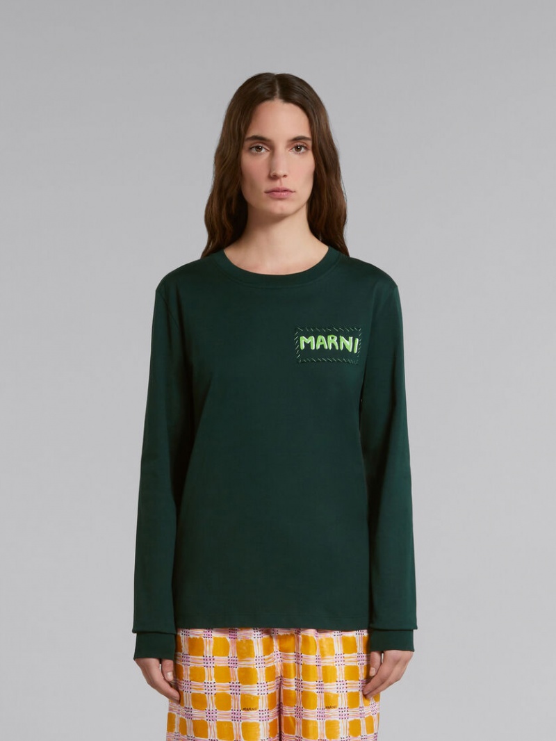 Marni Bio-cotton T-shirt With Logo Print Verdes | MXICD21857