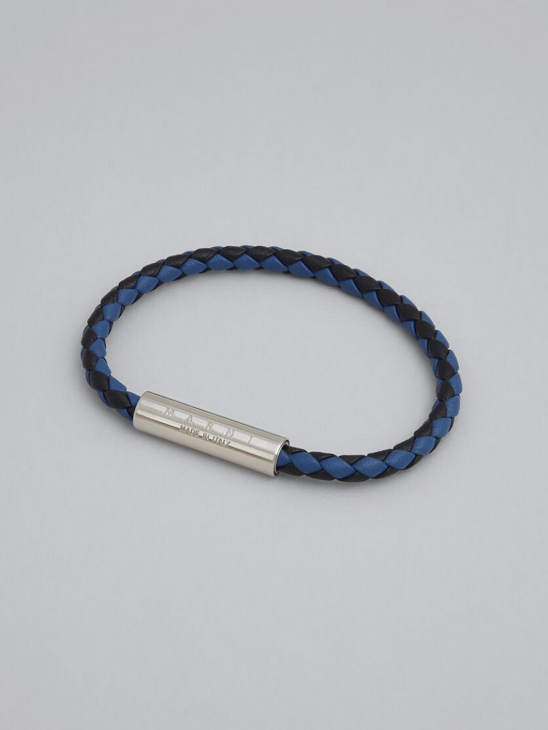 Marni Braided Cuero Bracelet Negros Azules | MXZDE65901