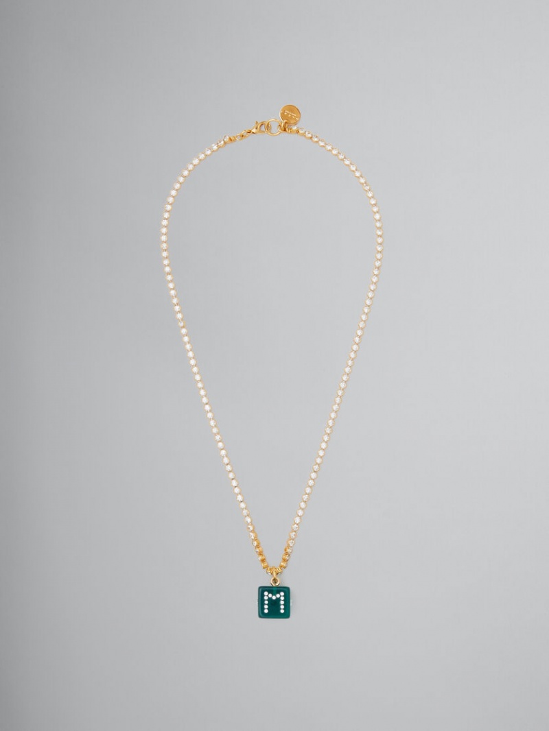 Marni Chain Necklace With Rhinestone Dice Charm Dorados Verdes | MXCVG30409