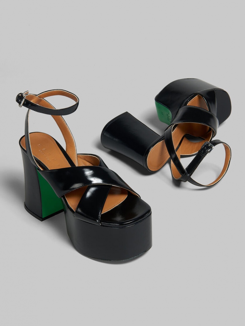 Marni Charol Cuero Plataforma Sandal Negros | EMXVG13129