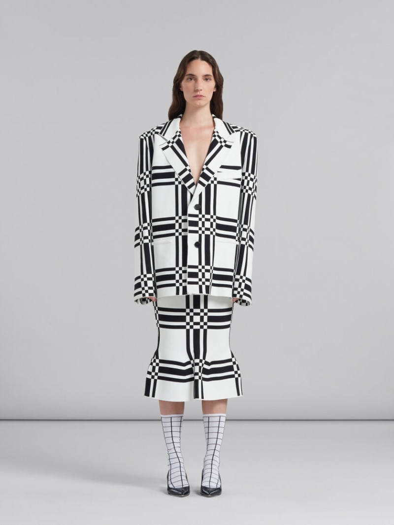 Marni Checked Viscose Sheath Skirt With Flounce Hem Blancos | GMXUC62919