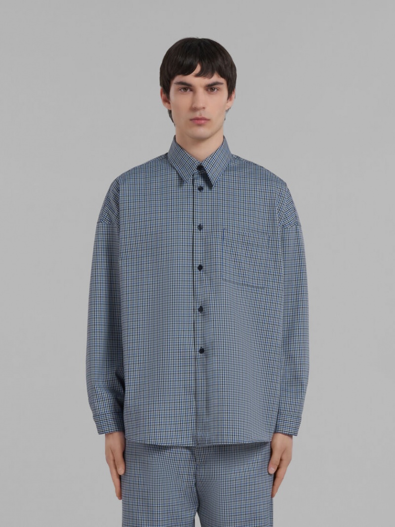 Marni Compact Lana Shirt With Checked Motif Azules | MXZDE71854