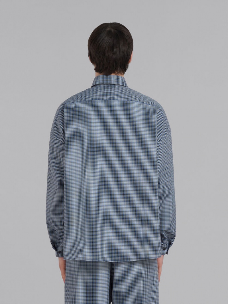 Marni Compact Lana Shirt With Checked Motif Azules | MXZDE71854