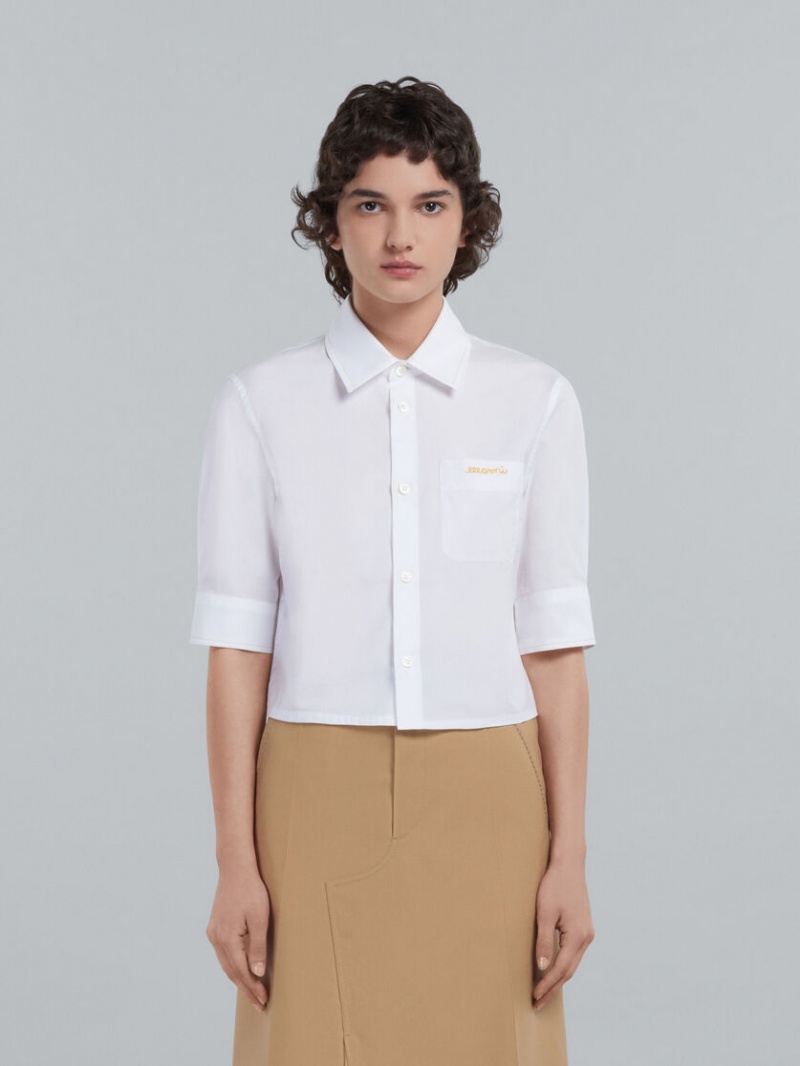 Marni Cropped Poplin Shirt With Embroidered Logo Blancos | YMXVQ65519