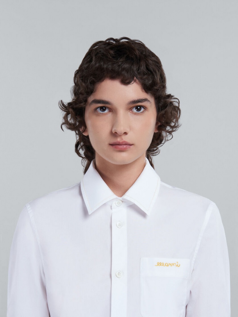 Marni Cropped Poplin Shirt With Embroidered Logo Blancos | YMXVQ65519