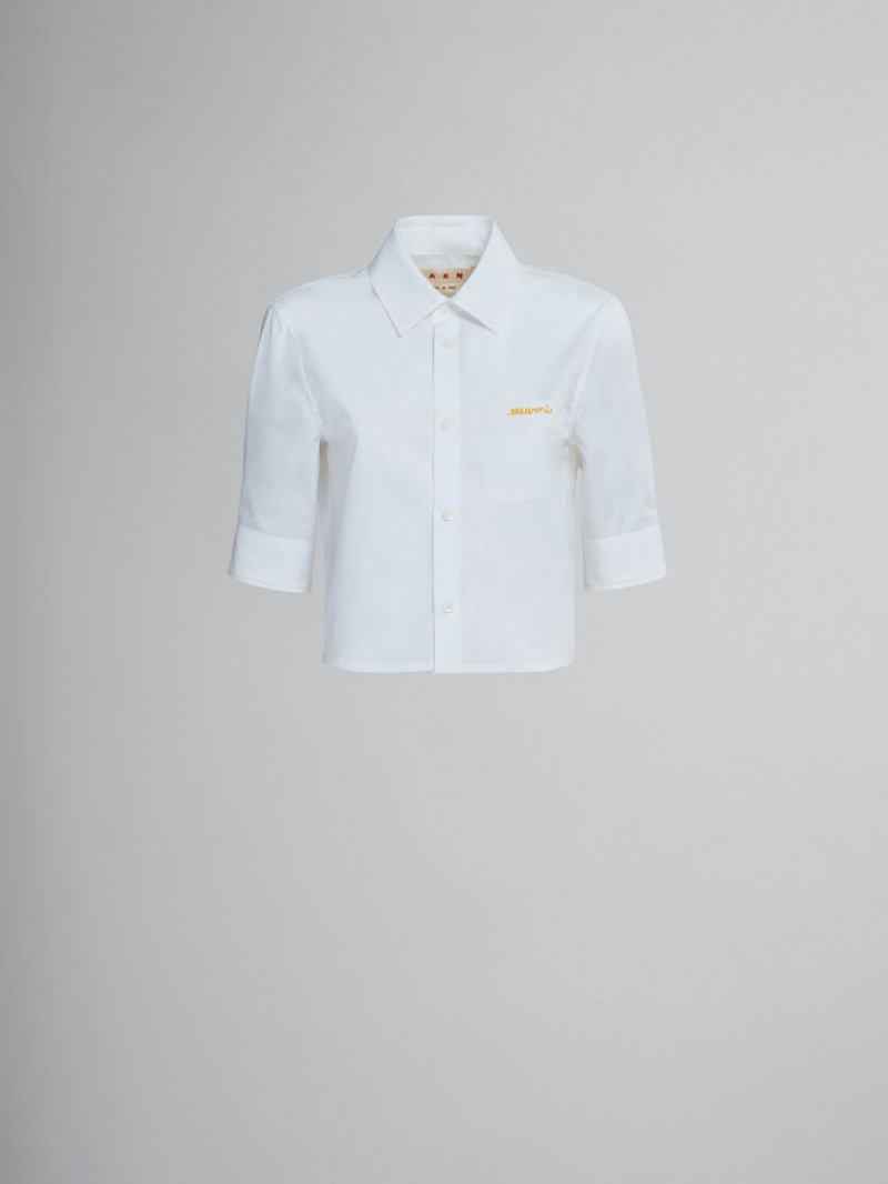 Marni Cropped Poplin Shirt With Embroidered Logo Blancos | YMXVQ65519