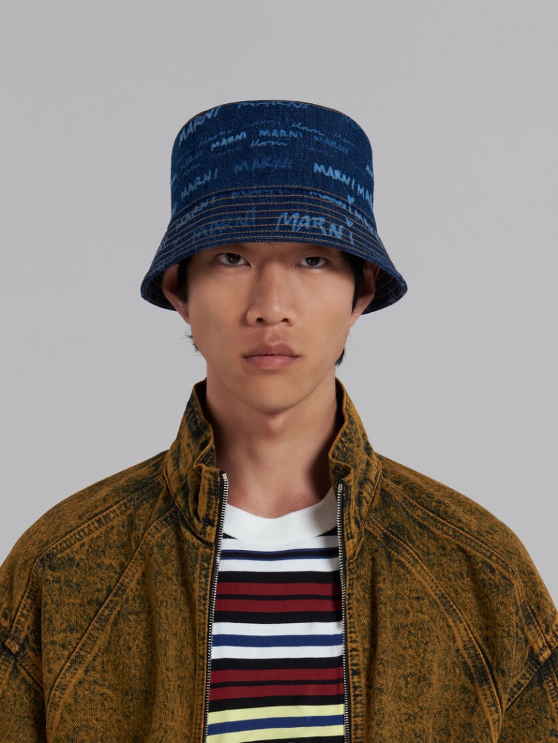 Marni Denim Bucket Hat With Mega Marni Motif Azules | AMXDF72103