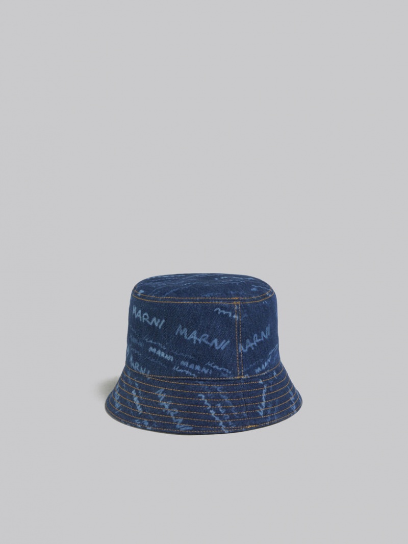 Marni Denim Bucket Hat With Mega Marni Motif Azules | AMXDF72103