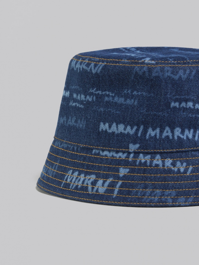 Marni Denim Bucket Hat With Mega Marni Motif Azules | AMXDF72103