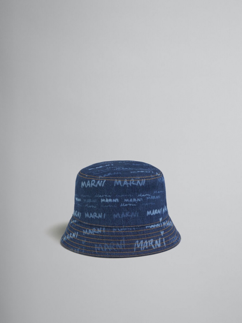 Marni Denim Bucket Hat With Mega Marni Motif Azules | AMXDF72103