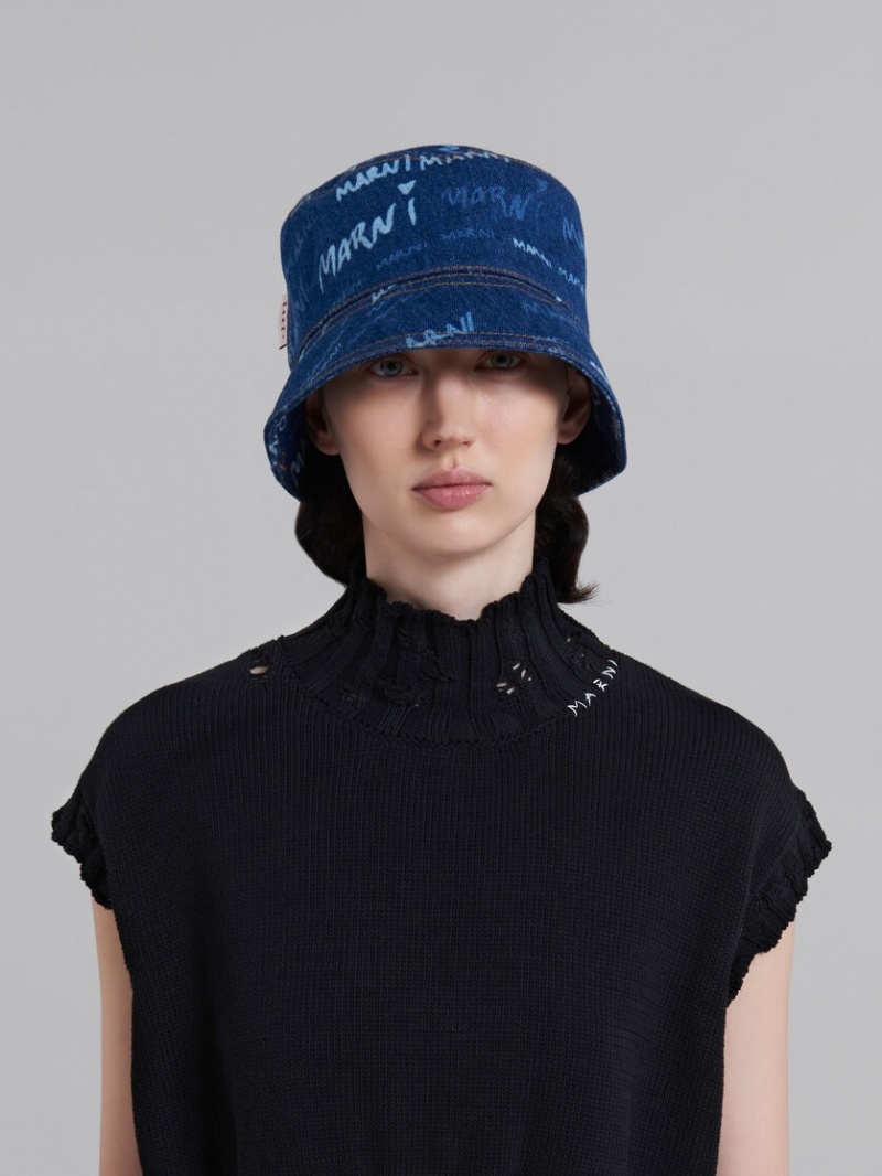 Marni Denim Bucket Hat With Mega Marni Motif Azules | BMXSD97540