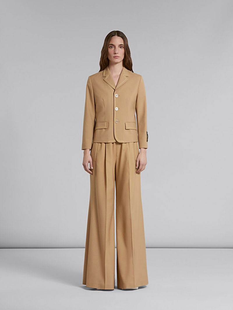 Marni Flared Lana Trousers With Logo Cintura Beige | TMXPQ81820