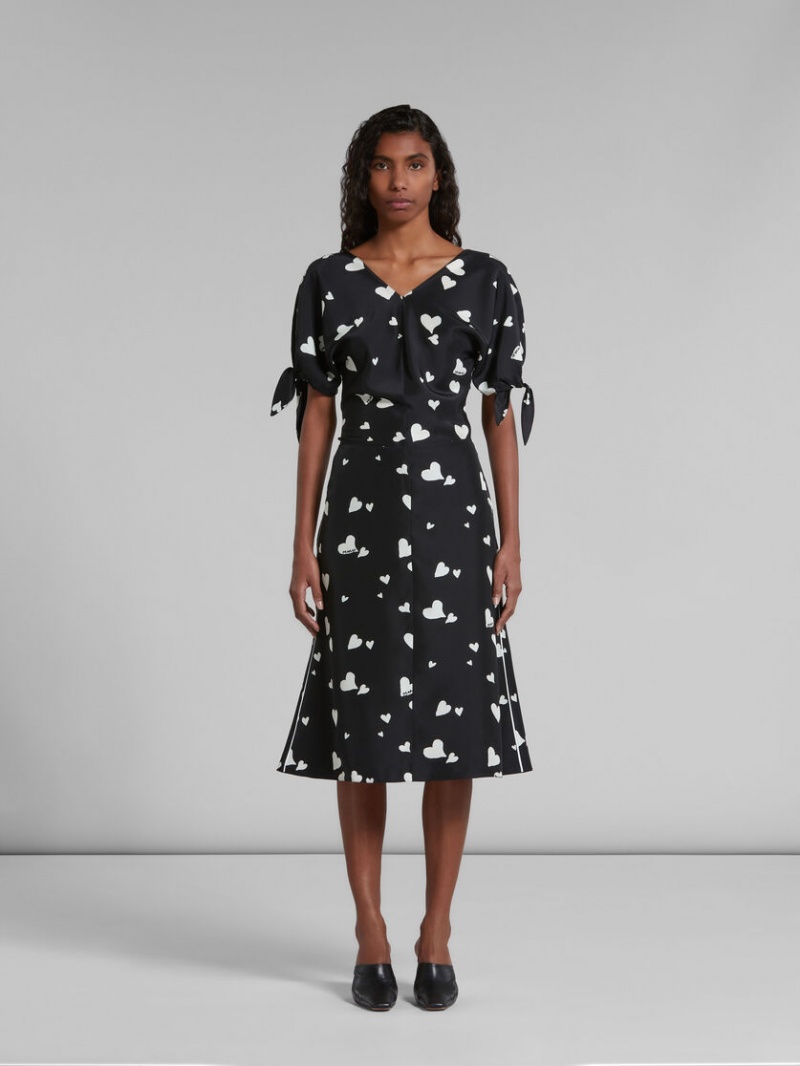 Marni Flared Silk Skirt With Bunch Of Hearts Print Negros | TMXWZ17114