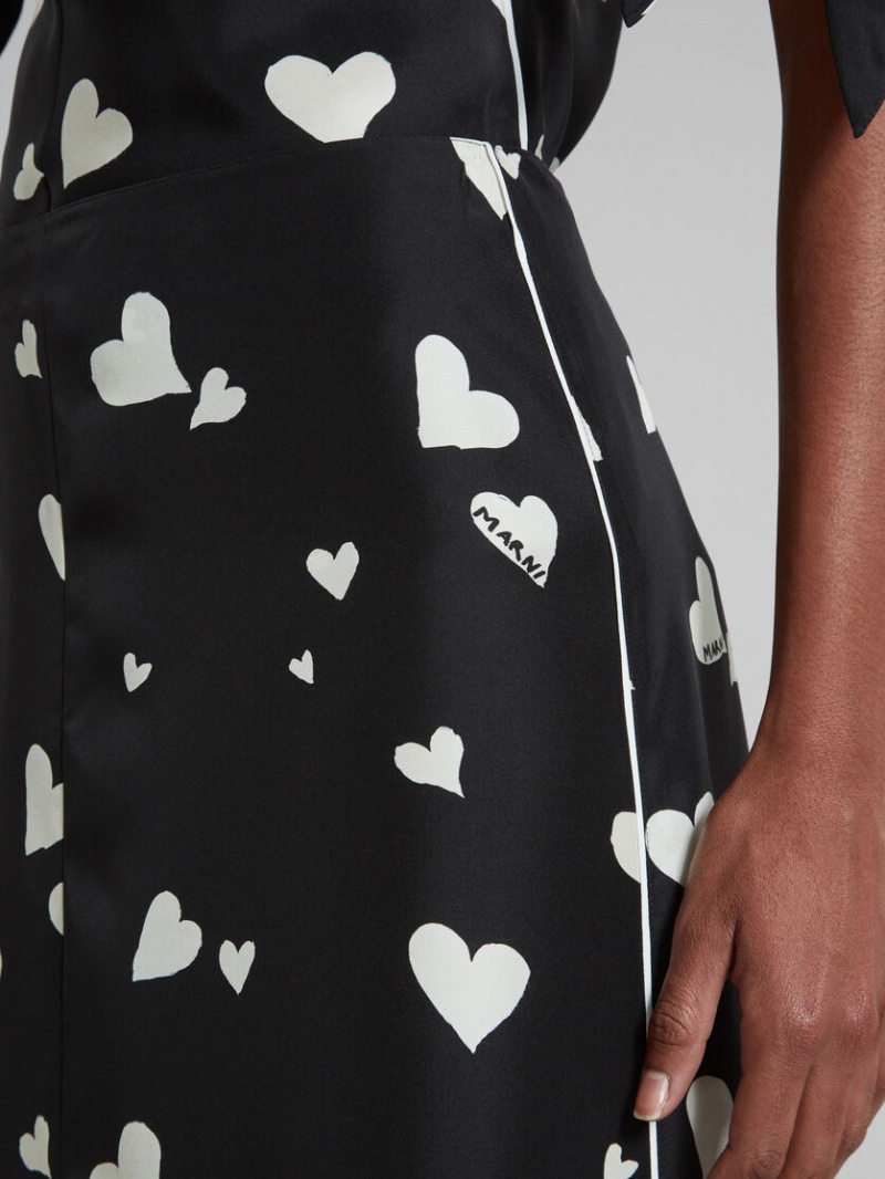 Marni Flared Silk Skirt With Bunch Of Hearts Print Negros | TMXWZ17114