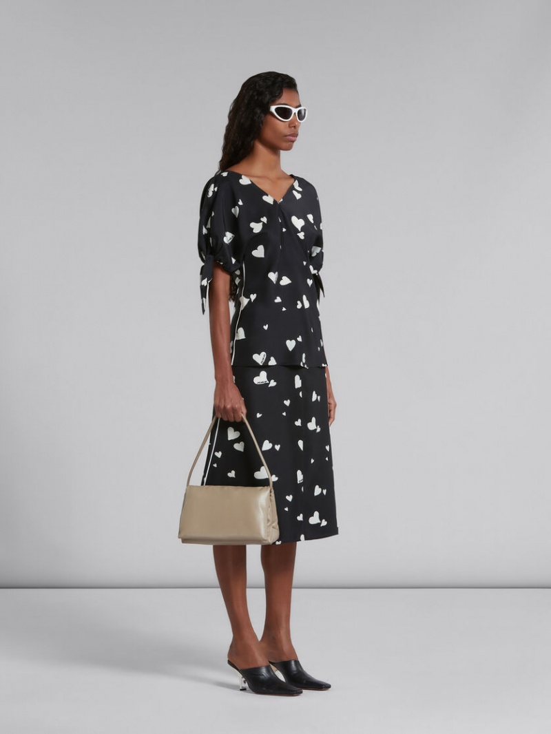 Marni Flared Silk Skirt With Bunch Of Hearts Print Negros | TMXWZ17114