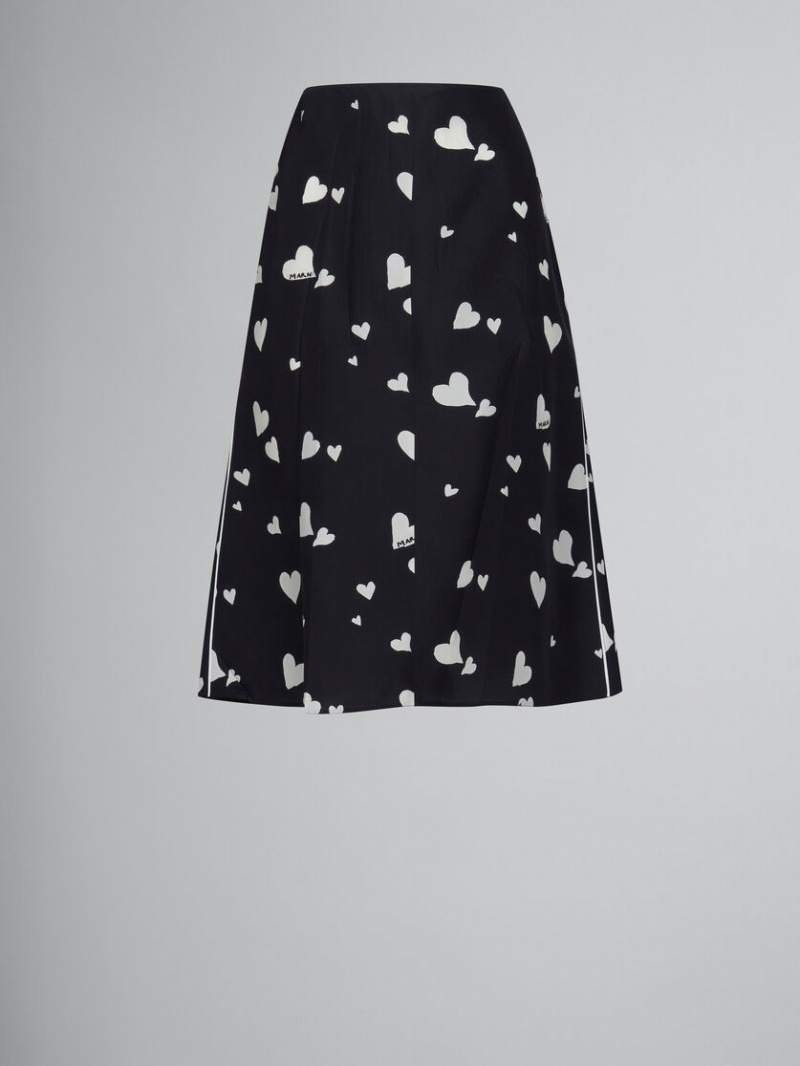 Marni Flared Silk Skirt With Bunch Of Hearts Print Negros | TMXWZ17114