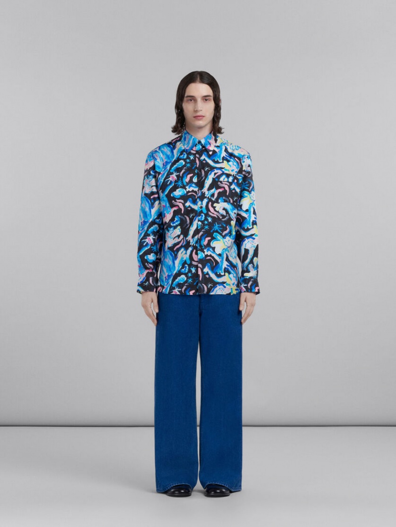 Marni Flared Trousers In Coated Denim Azules | QMXWA25421