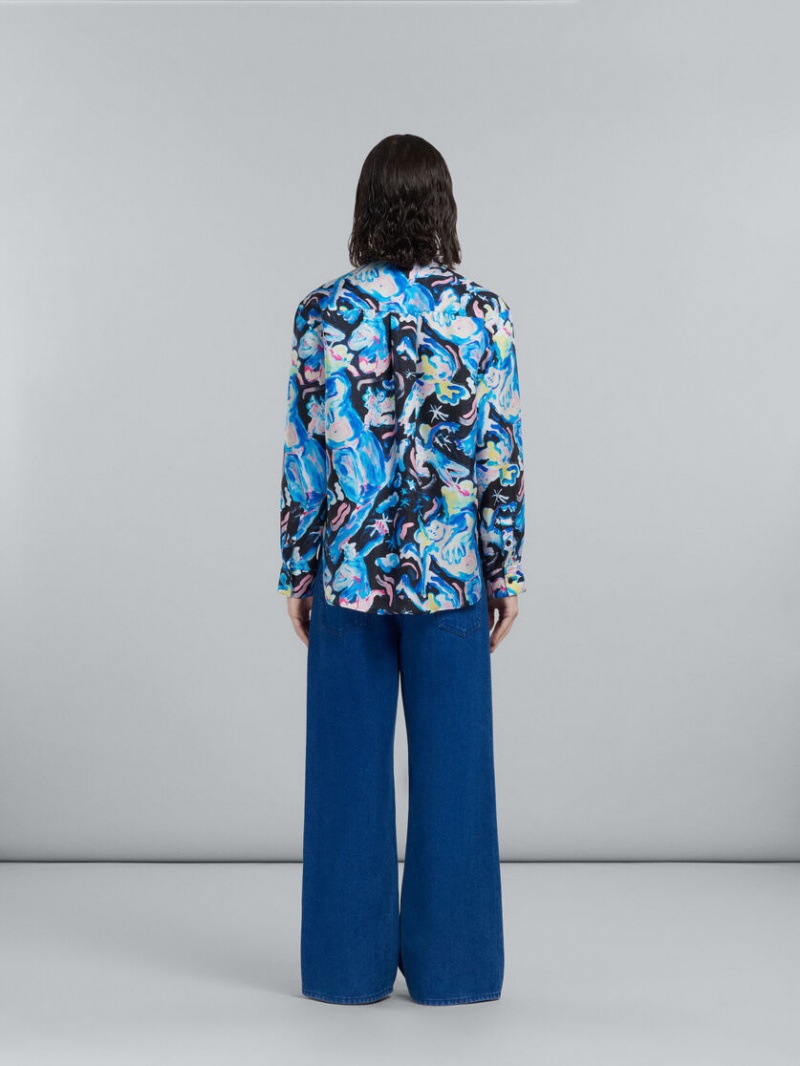 Marni Flared Trousers In Coated Denim Azules | QMXWA25421