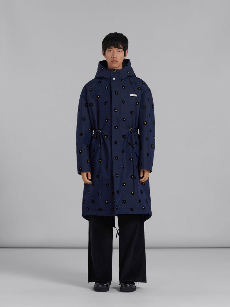 Marni Gabardine Parka With Flocked Draft Flower Print Azules Flores | MXZPD71510