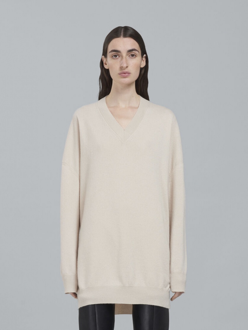 Marni Logo Cashmere V-neck Long Sueter Blancos | TMXPQ52191