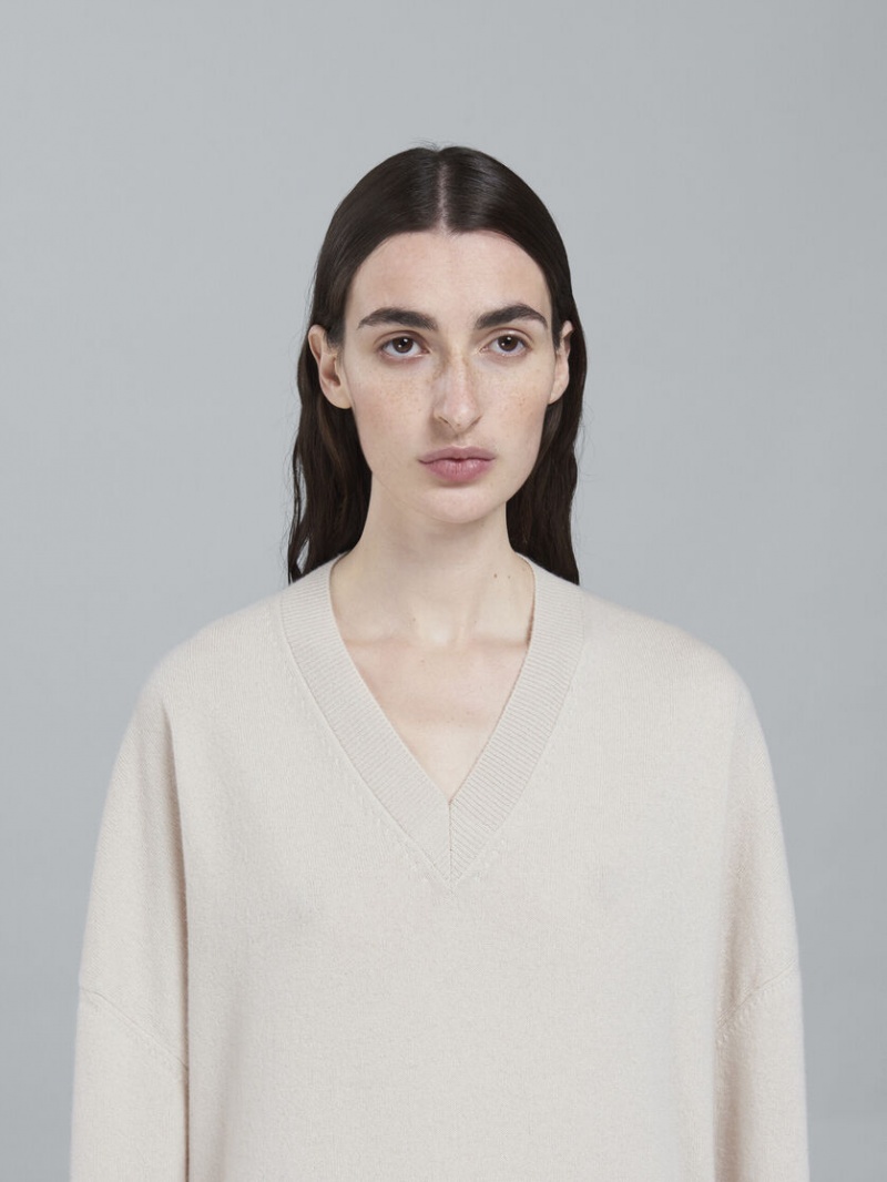 Marni Logo Cashmere V-neck Long Sueter Blancos | TMXPQ52191