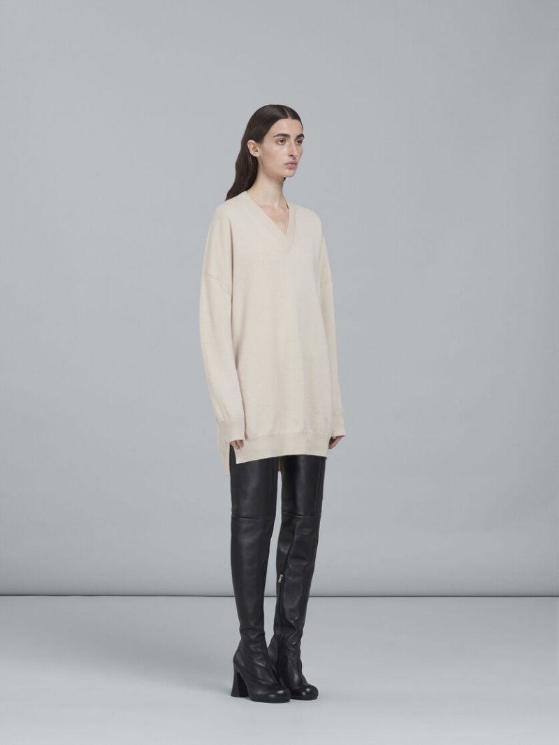 Marni Logo Cashmere V-neck Long Sueter Blancos | TMXPQ52191