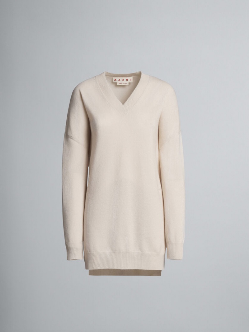 Marni Logo Cashmere V-neck Long Sueter Blancos | TMXPQ52191