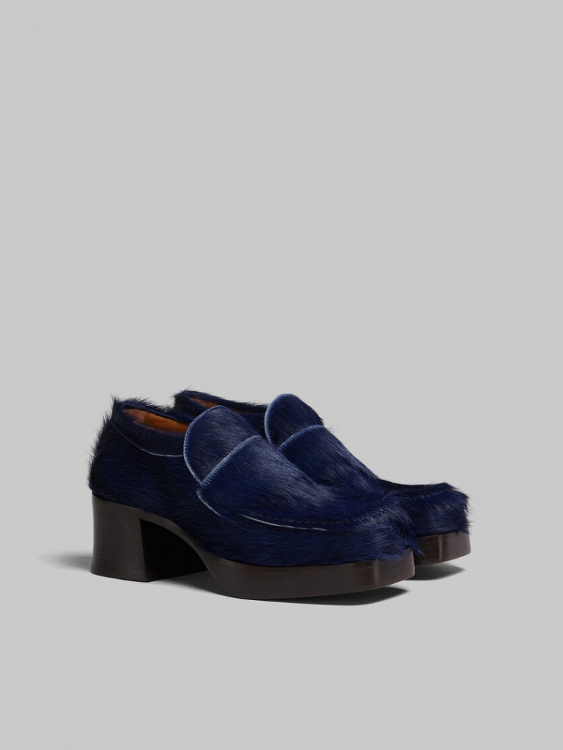 Marni Long Hair Calfskin Tacón Loafer Azules Oscuro | UMXND20998