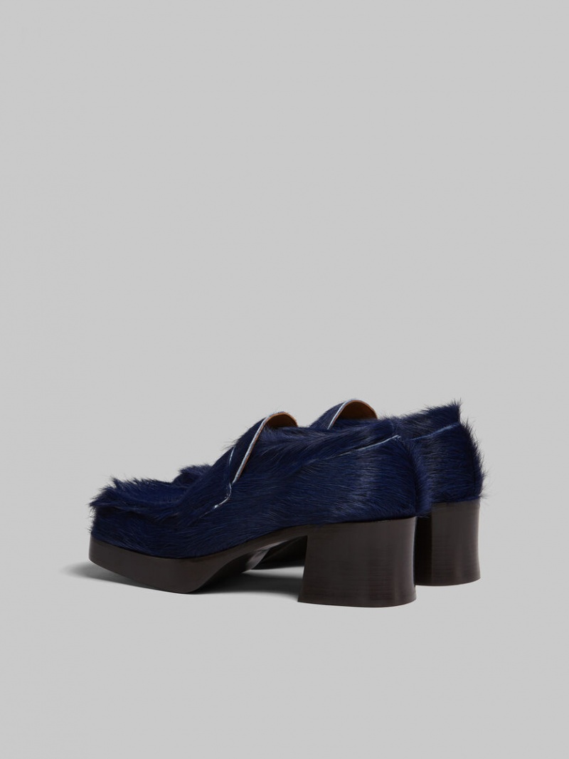 Marni Long Hair Calfskin Tacón Loafer Azules Oscuro | UMXND20998