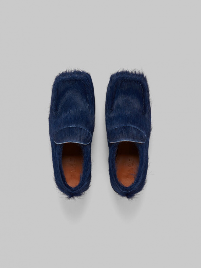 Marni Long Hair Calfskin Tacón Loafer Azules Oscuro | UMXND20998