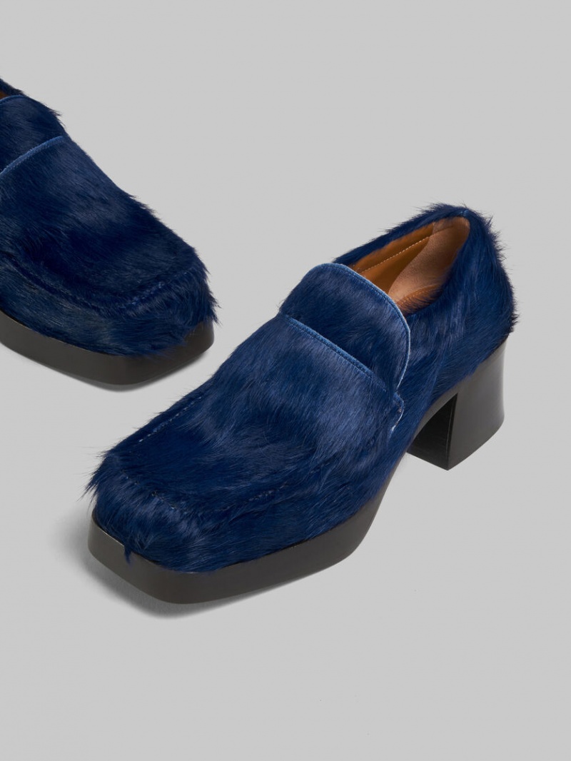 Marni Long Hair Calfskin Tacón Loafer Azules Oscuro | UMXND20998