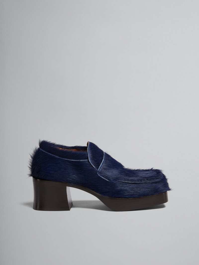 Marni Long Hair Calfskin Tacón Loafer Azules Oscuro | UMXND20998