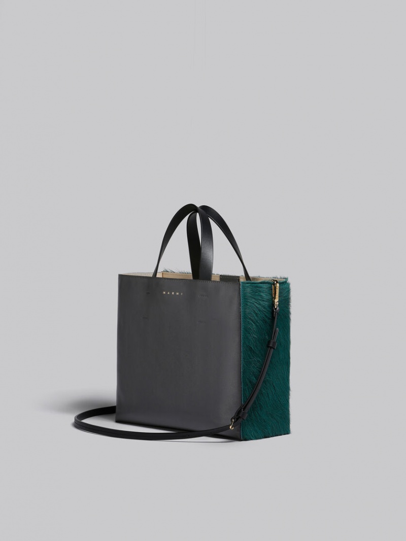 Marni Museo Soft Bag E/W Long-hair Calfskin Verdes Oscuro Grises Negros | MXIIZ56680