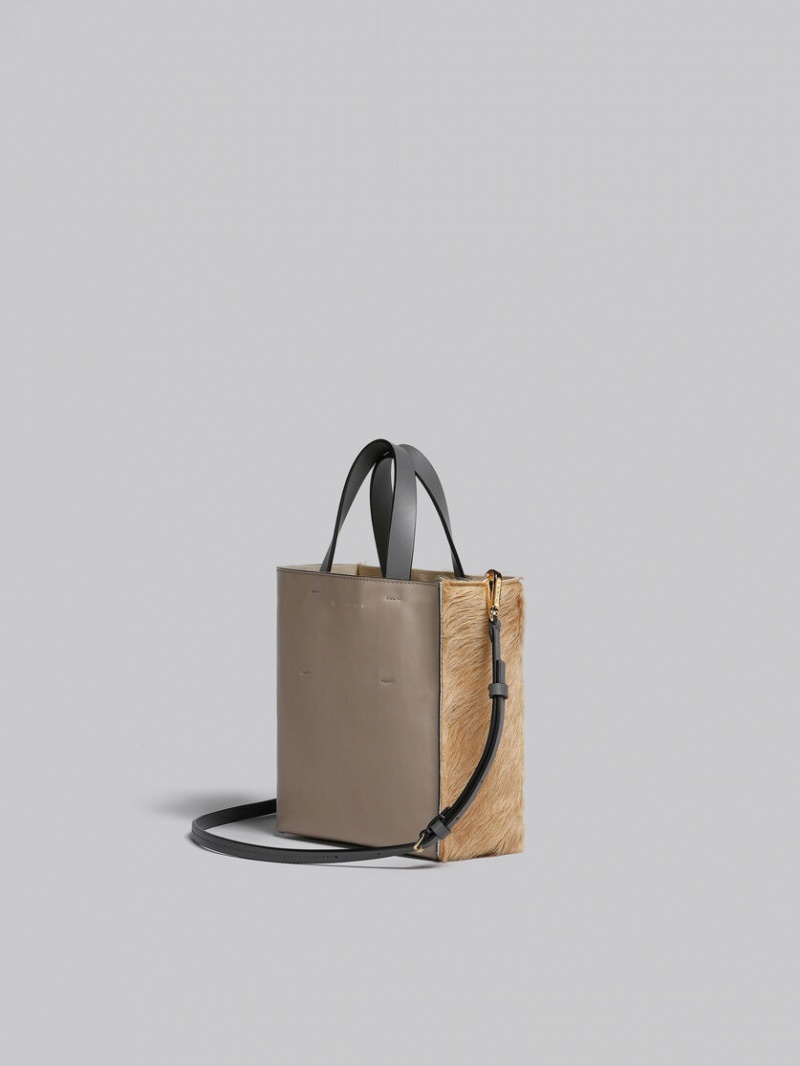 Marni Museo Soft Mini Bag Long-hair Calfskin Marrom Claro Beige Grises | BMXSD99877