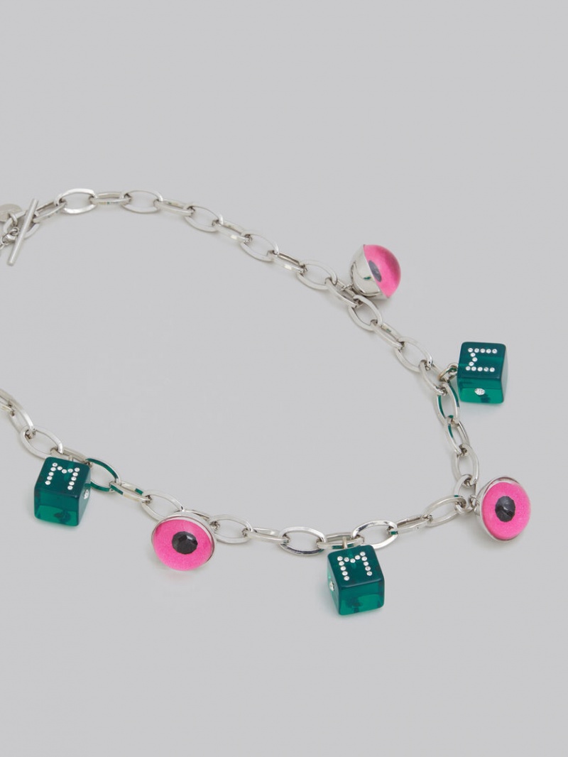 Marni Necklace With Eye And Dice Charms Verdes Rosas | MXNZX23923