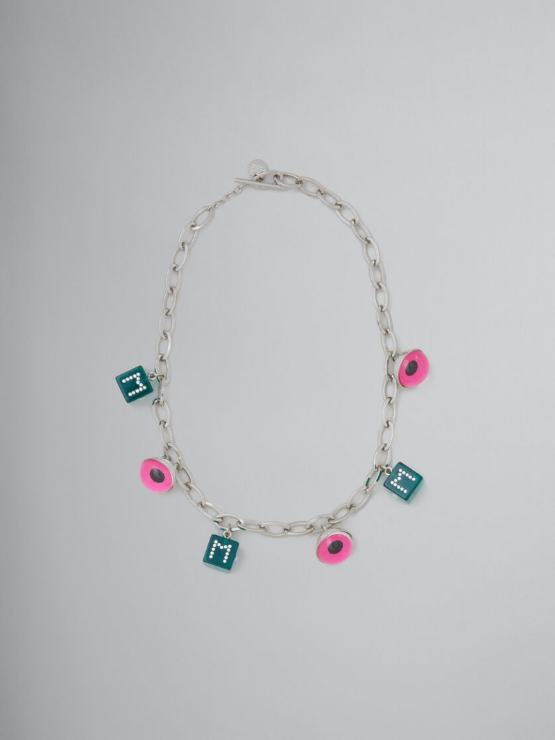 Marni Necklace With Eye And Dice Charms Verdes Rosas | MXNZX23923