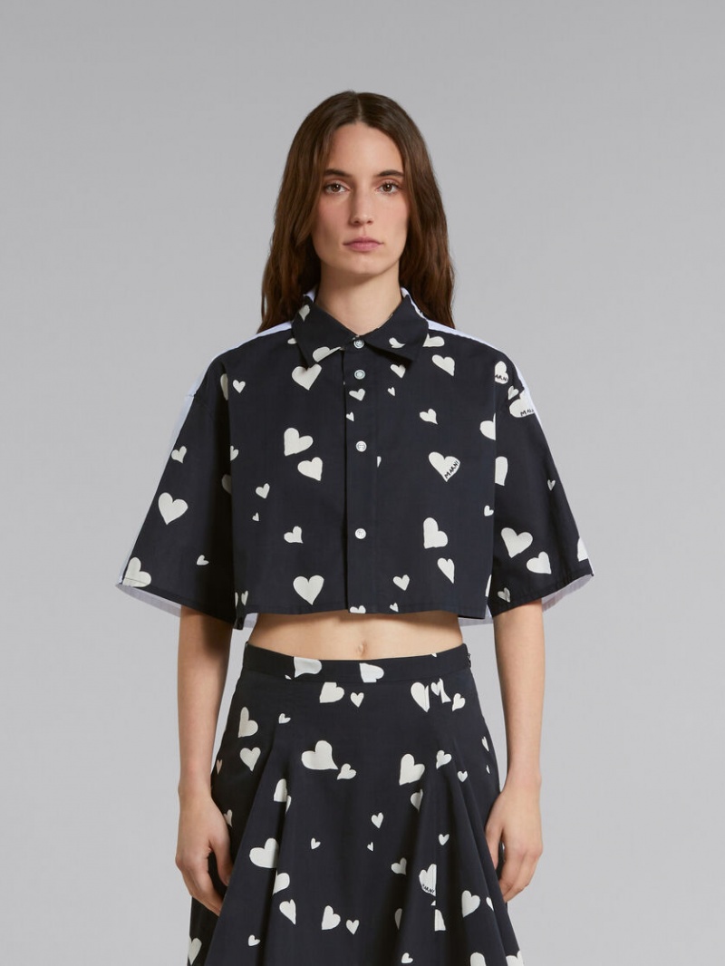 Marni Poplin Shirt With Bunch Of Hearts Print Negros | MMXFT98147