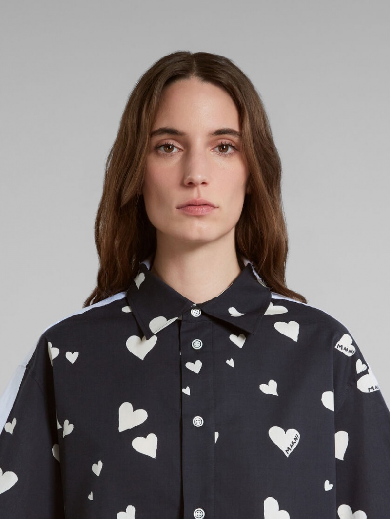 Marni Poplin Shirt With Bunch Of Hearts Print Negros | MMXFT98147