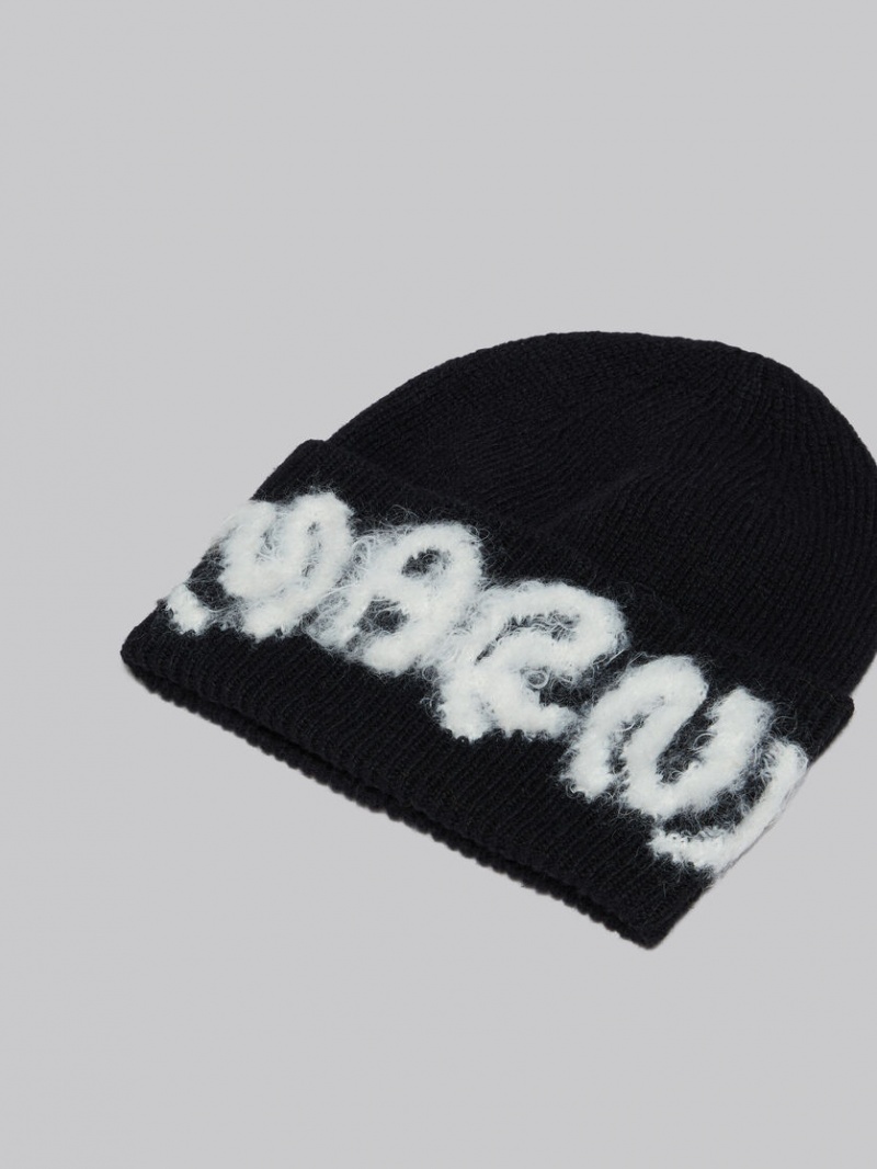 Marni Shetland Lana Logo Beanie Negros | TMXWZ56814