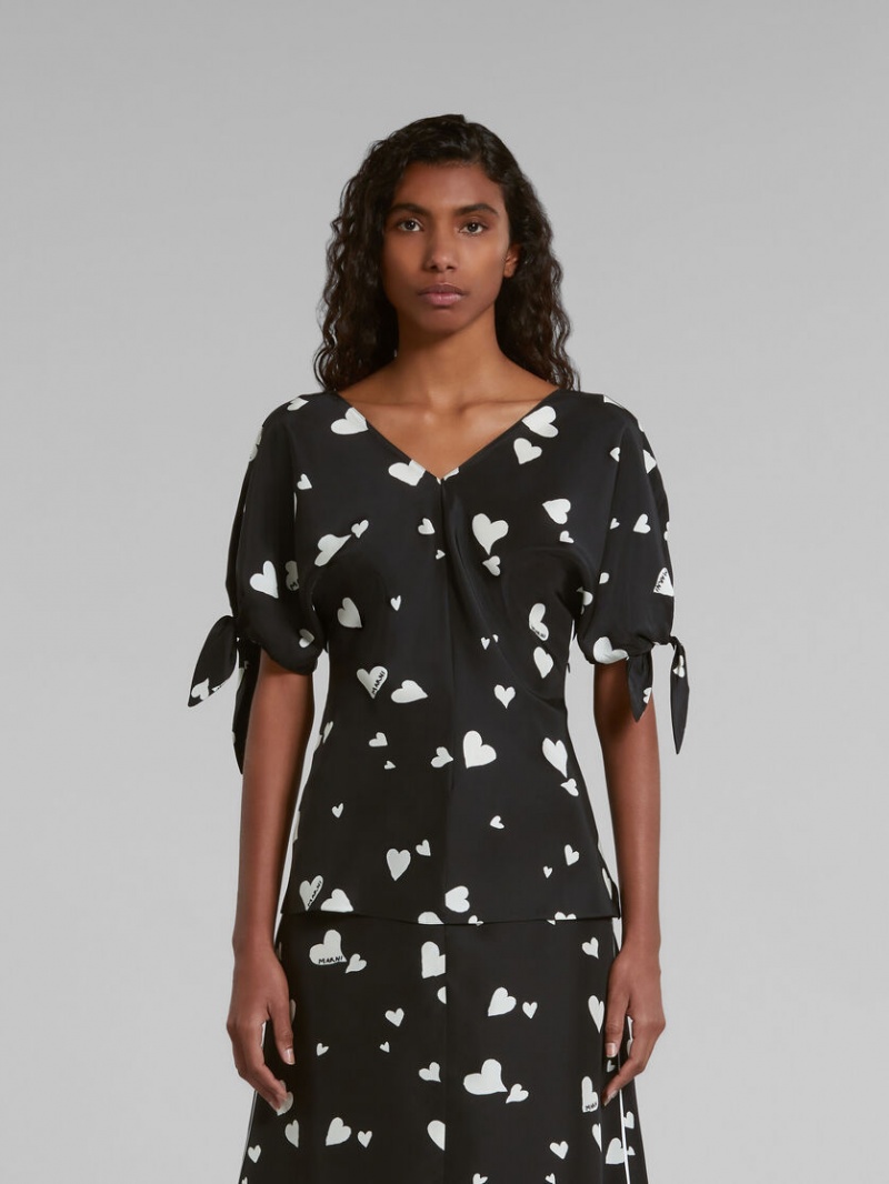 Marni Silk Bow-sleeve Top With Bunch Of Hearts Print Negros | TMXPQ67229