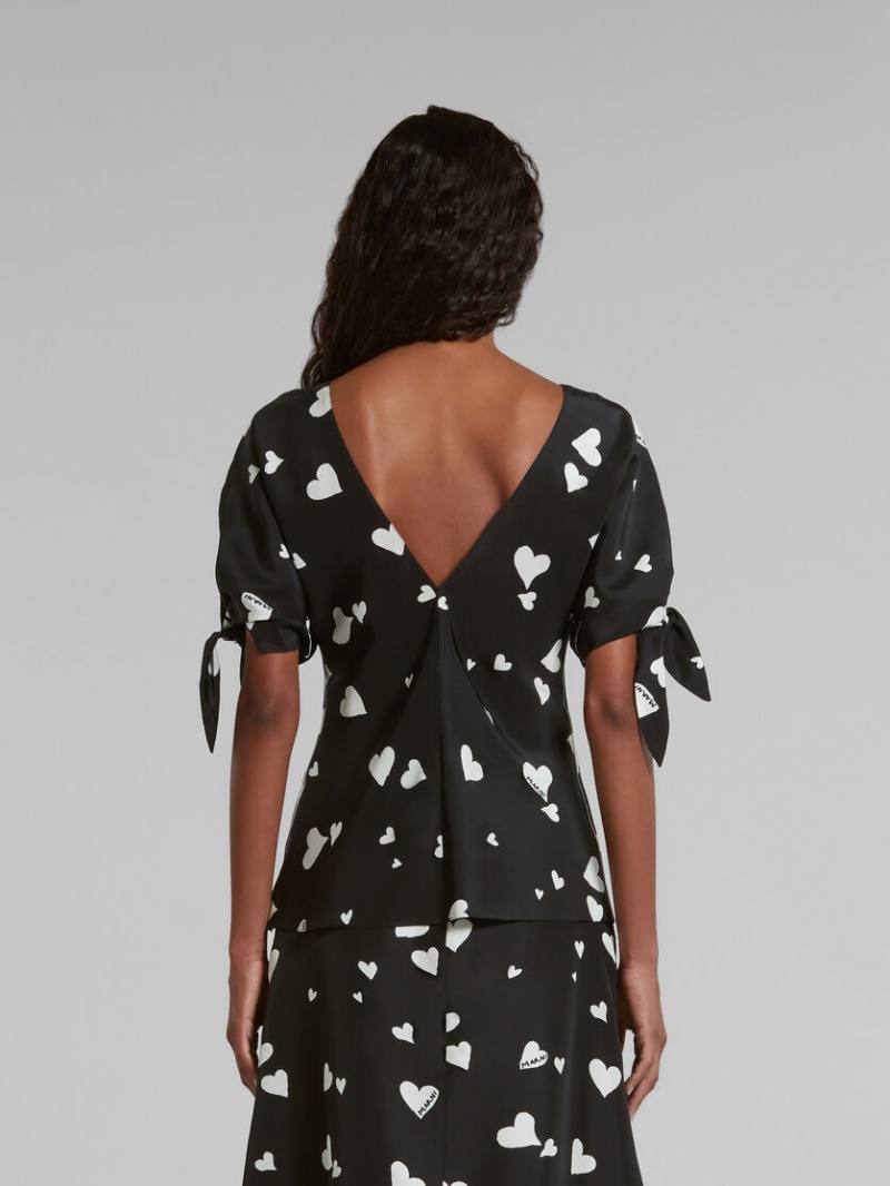 Marni Silk Bow-sleeve Top With Bunch Of Hearts Print Negros | TMXPQ67229