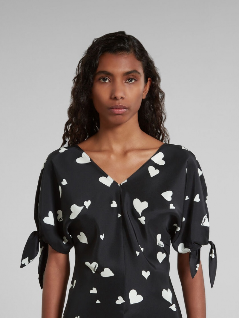 Marni Silk Bow-sleeve Top With Bunch Of Hearts Print Negros | TMXPQ67229