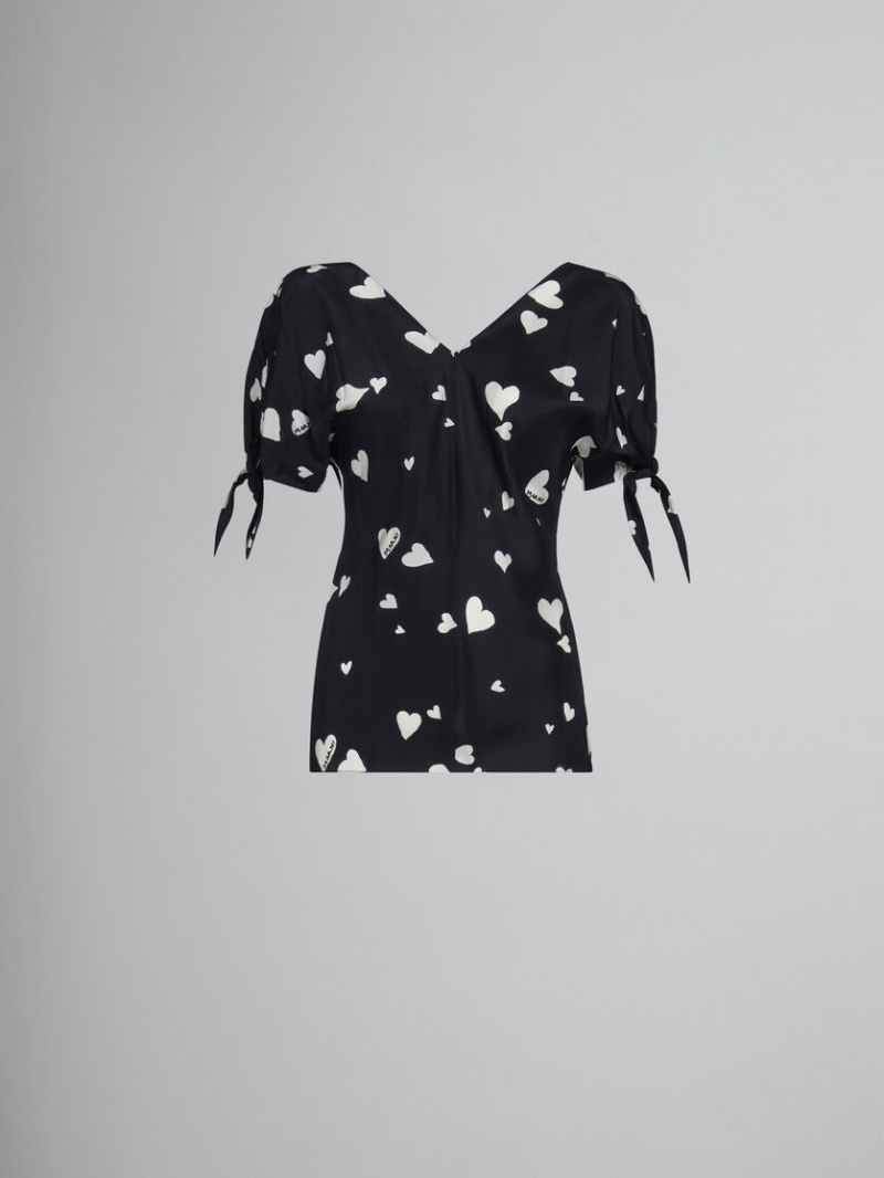 Marni Silk Bow-sleeve Top With Bunch Of Hearts Print Negros | TMXPQ67229