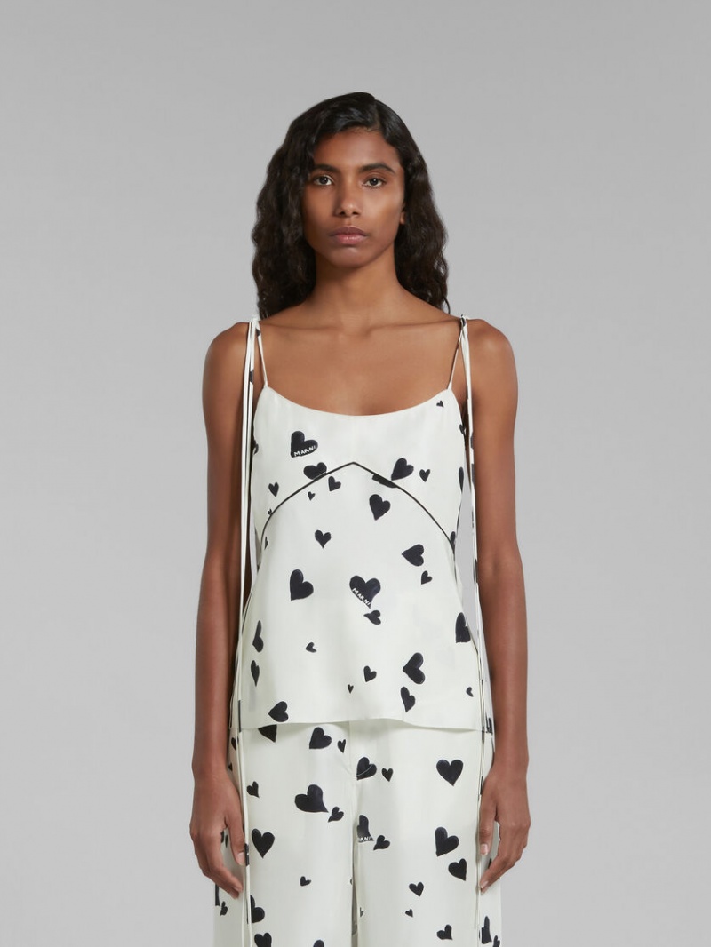 Marni Silk Camisole With Bunch Of Hearts Print Blancos | AMXDF86920