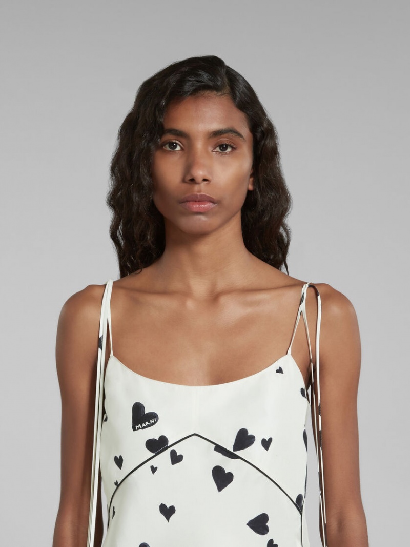 Marni Silk Camisole With Bunch Of Hearts Print Blancos | AMXDF86920